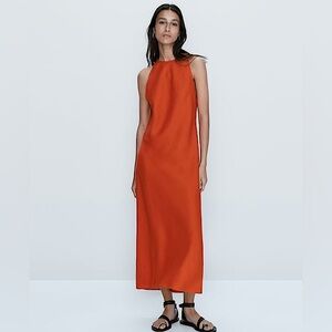 MASSIMO DUTTI NWOT red orange linen midi dress